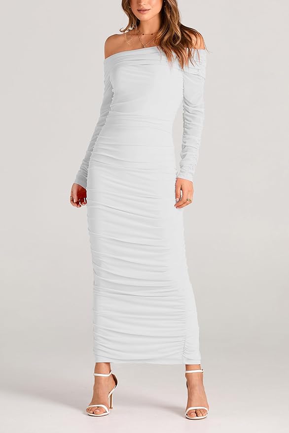 white bodycon dress long sleeve off the shoulder Women'S Fall Off Shoulder Bodycon Sweater Dress Formal Long Sleeve Elegant Club Party Midi Maxi Dresses White M
