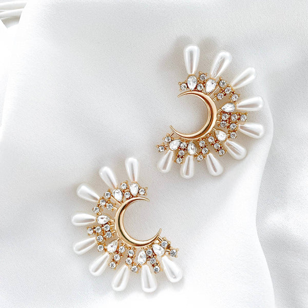 Supernova Half Moon Crystal Pearl Statement earrings - Marian Style Boutique