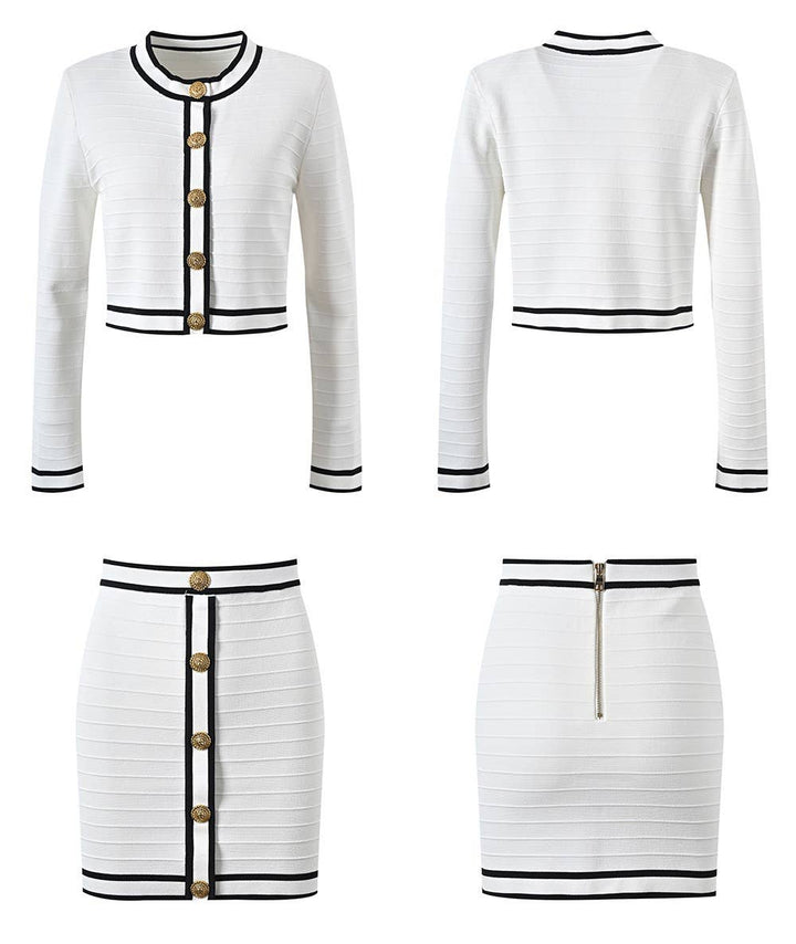 Marian Style Stylish Knit Cardigan & Skirt Set - Single-Breasted: White / English / M - Marian Style Boutique