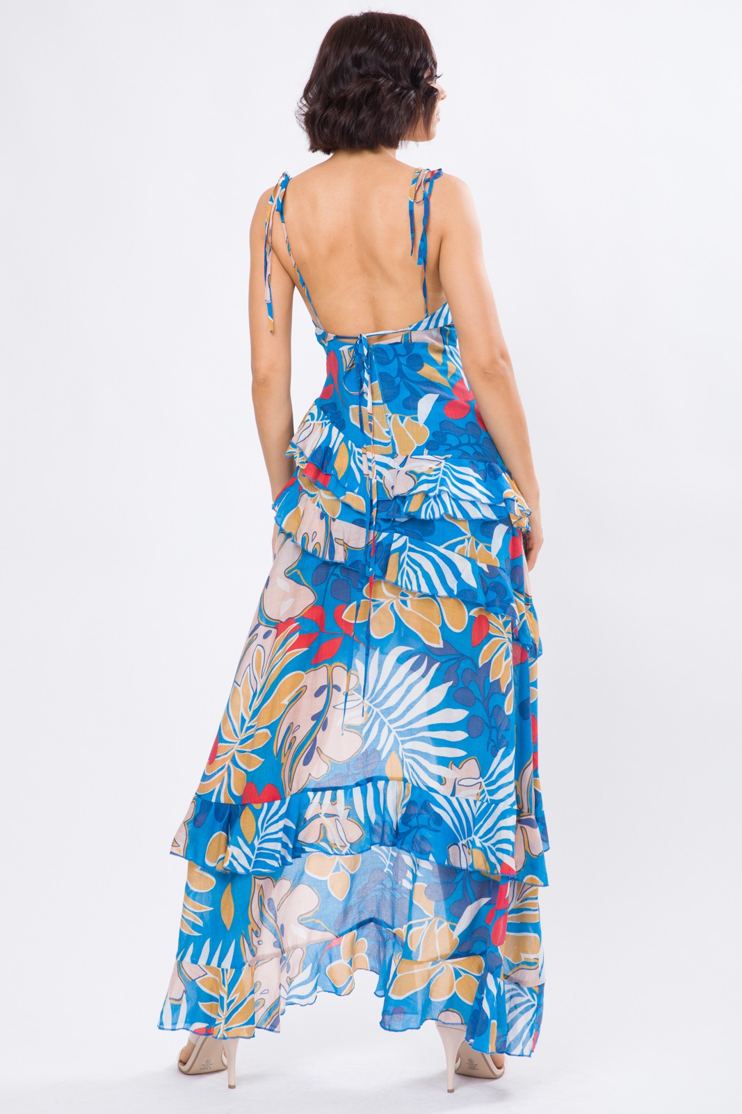 MARIAN STYLE WOVEN PRINT SLEEVELESS RUFFLE LAYER LONG DRESS