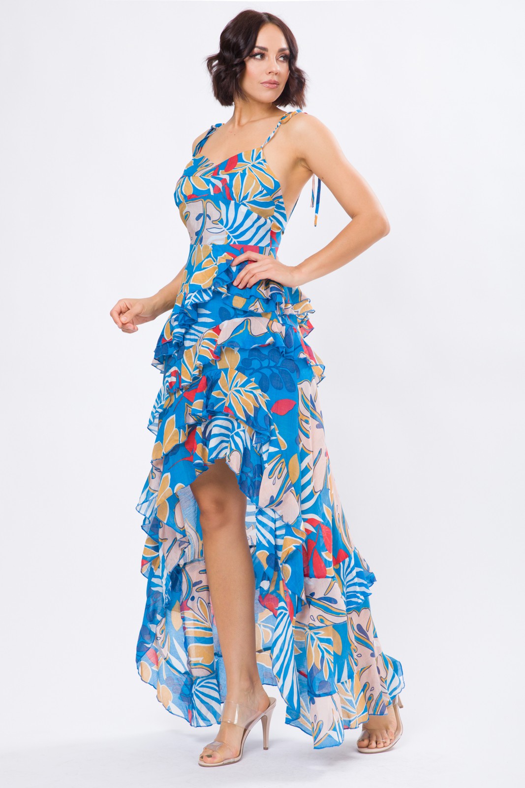 MARIAN STYLE WOVEN PRINT SLEEVELESS RUFFLE LAYER LONG DRESS