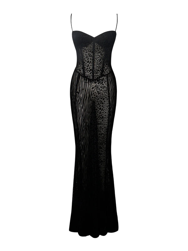 Black Burnout Velvet Detail Mesh Maxi Dress
