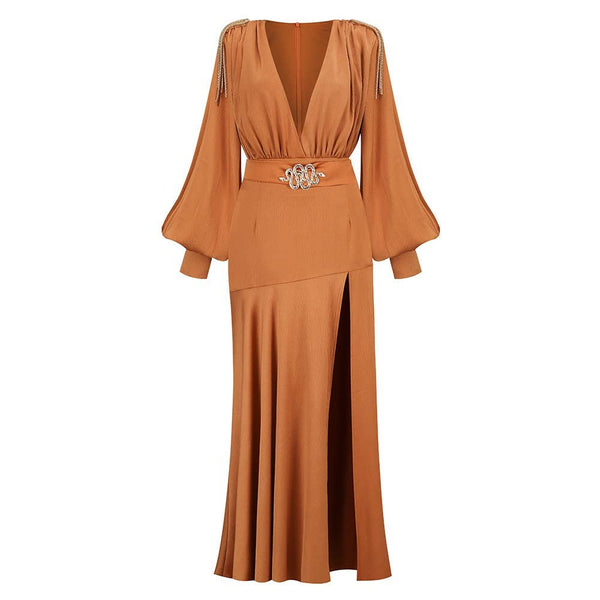 Marian Style Elegant V-Shoulder Dress with Tassel & Slit Hem - Marian Style Boutique