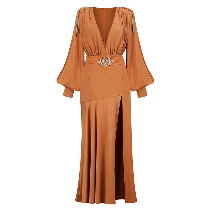 Marian Style Elegant V-Shoulder Dress with Tassel & Slit Hem - Marian Style Boutique