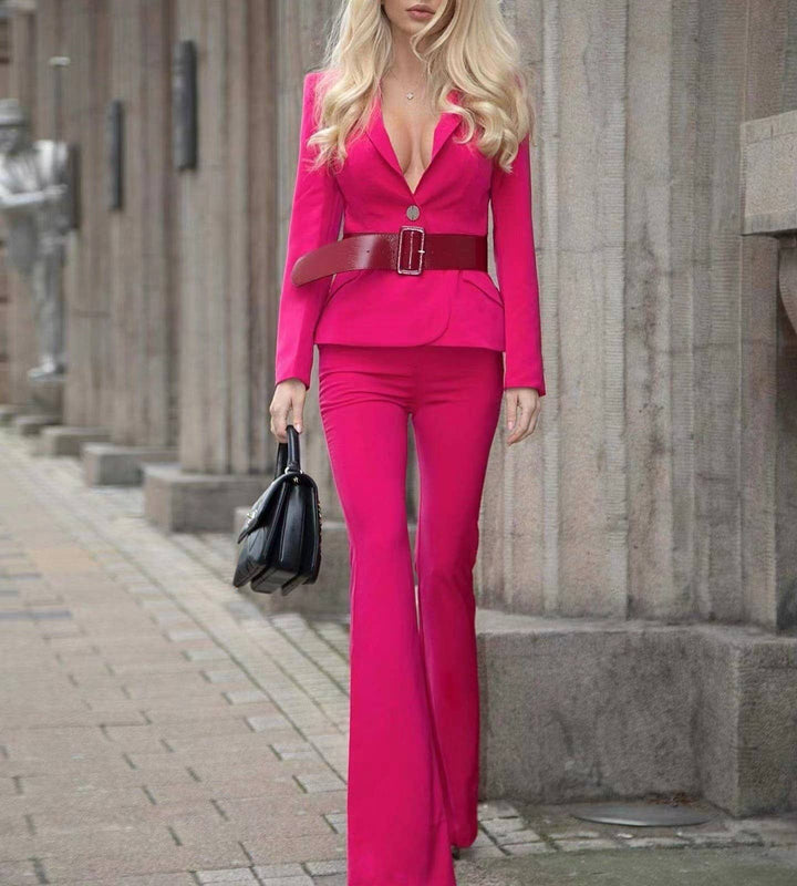 Marian Style Elegant Belted Suit & Bootcut Trousers Set - Marian Style Boutique
