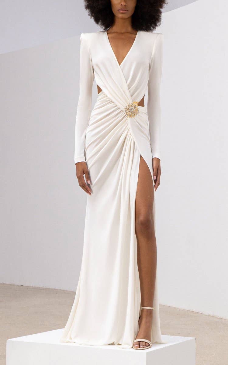 Marian Style Elegant White Maxi Dress with Metal Accents