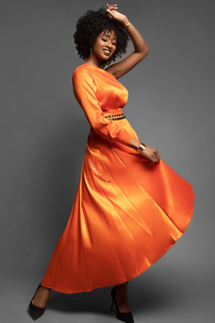 Marian Style Orange Satin One Shoulder Hi Lo Maxi - Marian Style Boutique