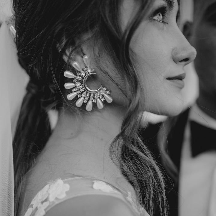 Supernova Half Moon Crystal Pearl Statement earrings - Marian Style Boutique