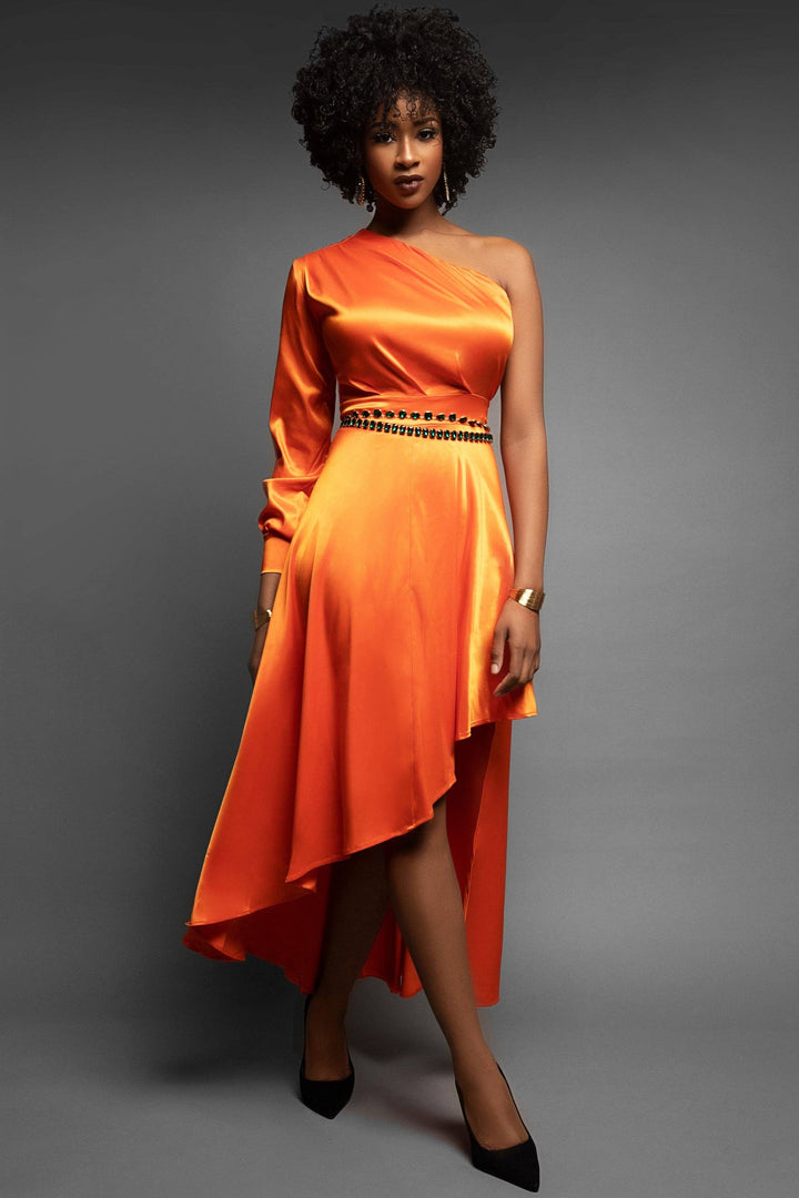 Marian Style Orange Satin One Shoulder Hi Lo Maxi - Marian Style Boutique