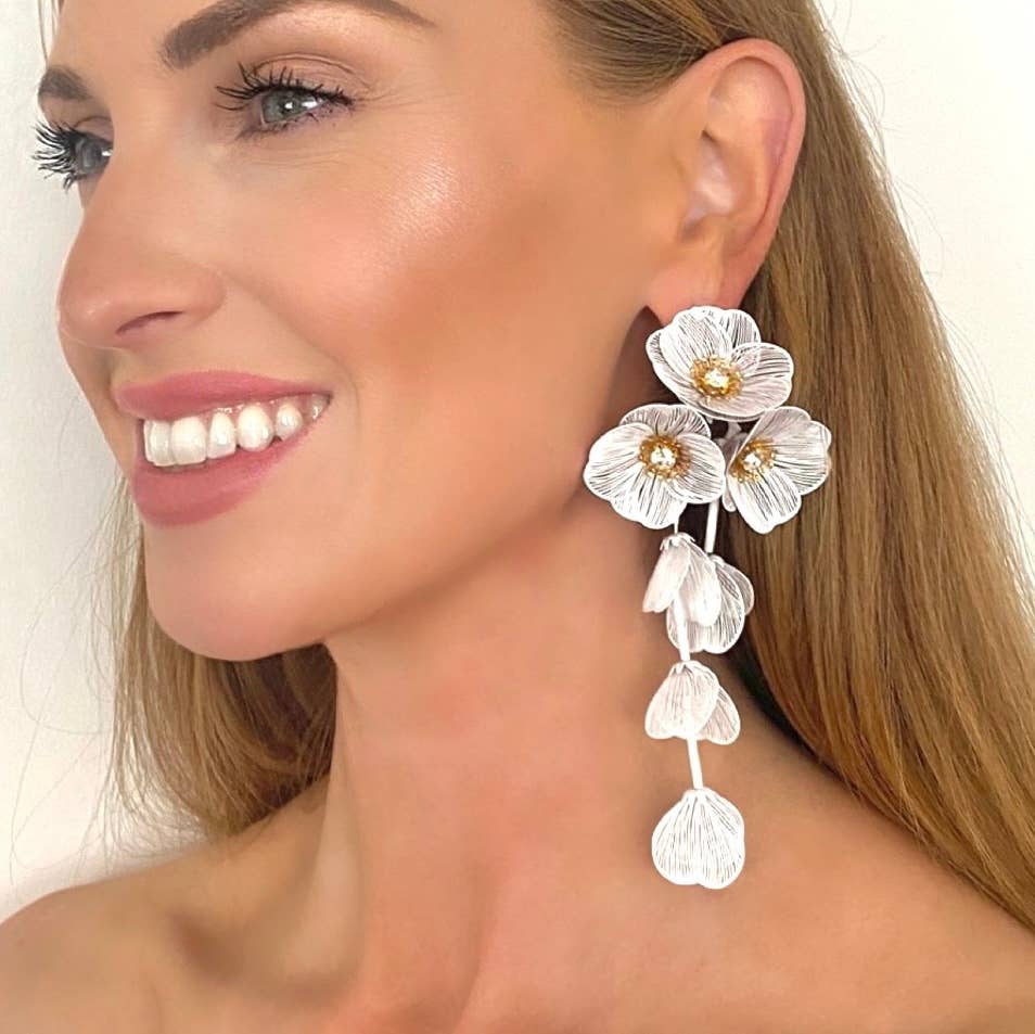 Waterfall Statement White Flower Earrings