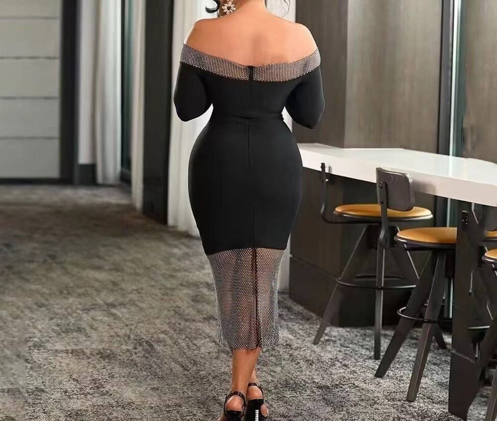 Marian Style Sexy One-Shoulder Mesh Diamond Bandage Dress