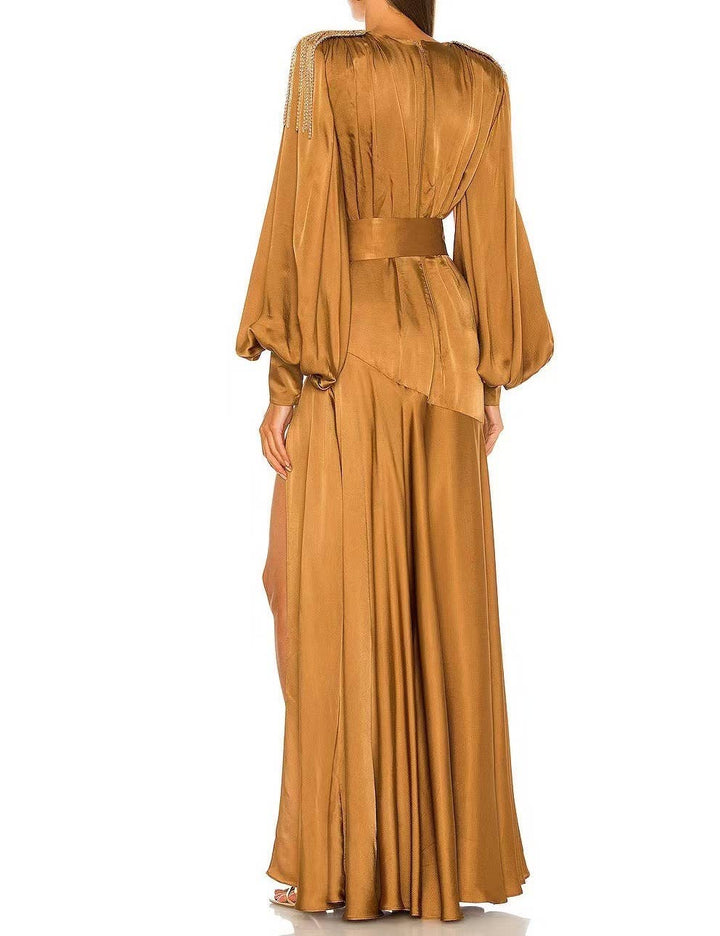 Marian Style Elegant V-Shoulder Dress with Tassel & Slit Hem - Marian Style Boutique