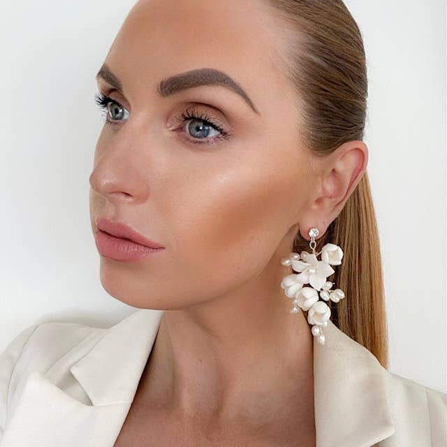 Porcelain Flower and Pearl Spray Drop Earrings - Marian Style Boutique