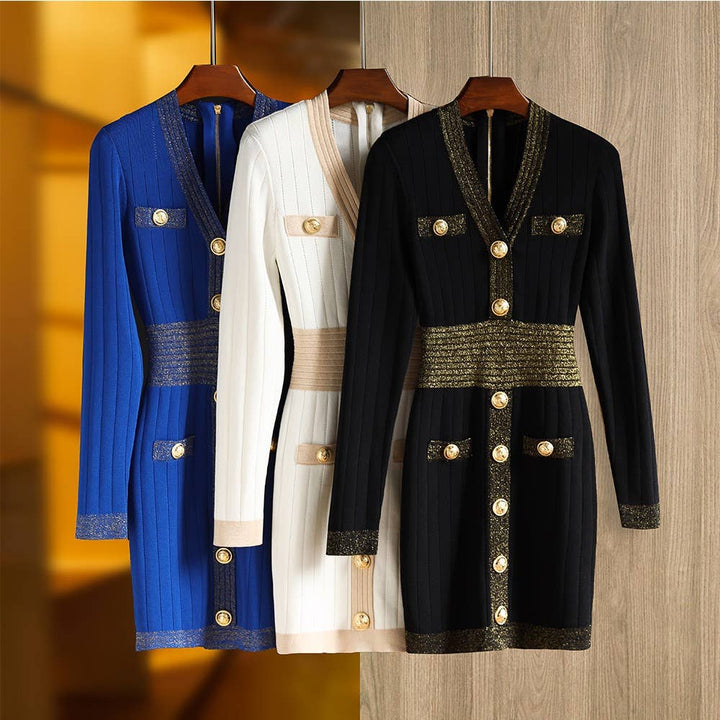 Marian Style Women's Knitted Dress Bright Silk Patchwork Slim Fit - Marian Style Boutique