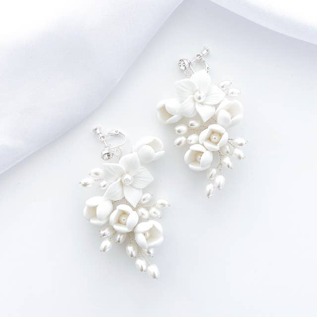 Porcelain Flower and Pearl Spray Drop Earrings