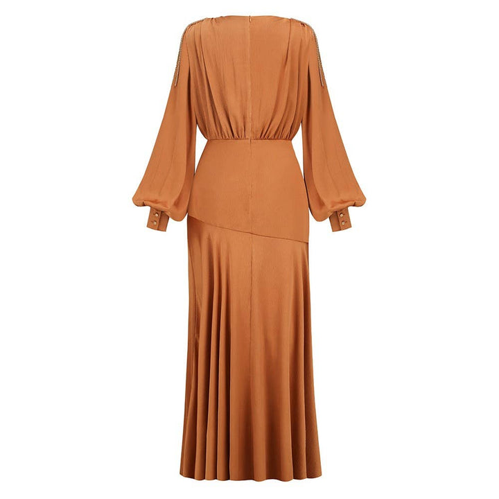 Marian Style Elegant V-Shoulder Dress with Tassel & Slit Hem - Marian Style Boutique