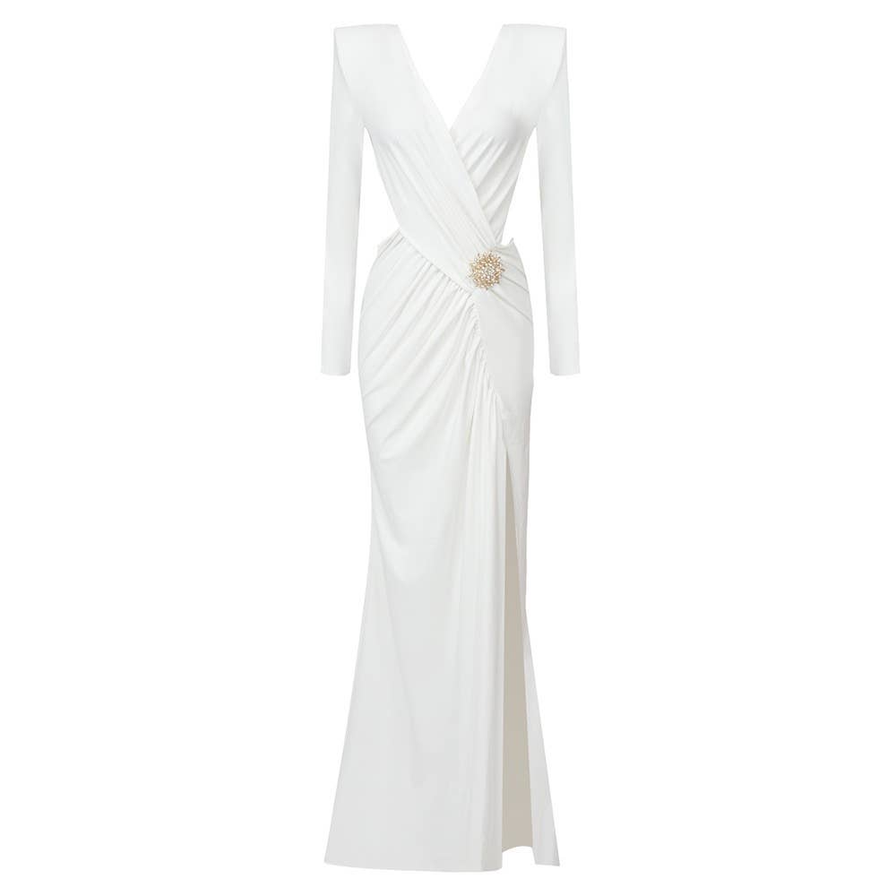 Marian Style Elegant White Maxi Dress with Metal Accents