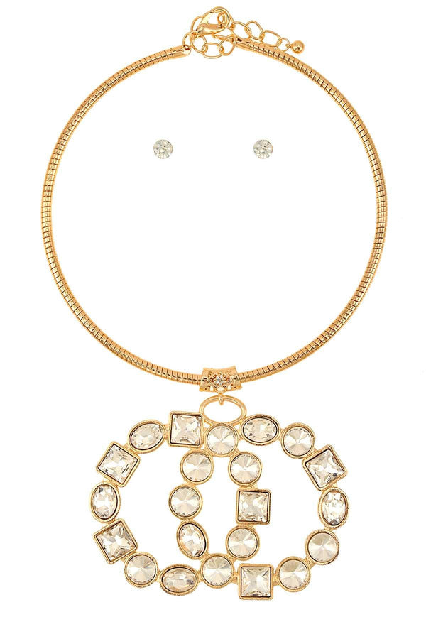 Marian Style DOUBLE O CRYSTAL PENDANT COLLAR NECKLACE SET 10427- - Marian Style Boutique
