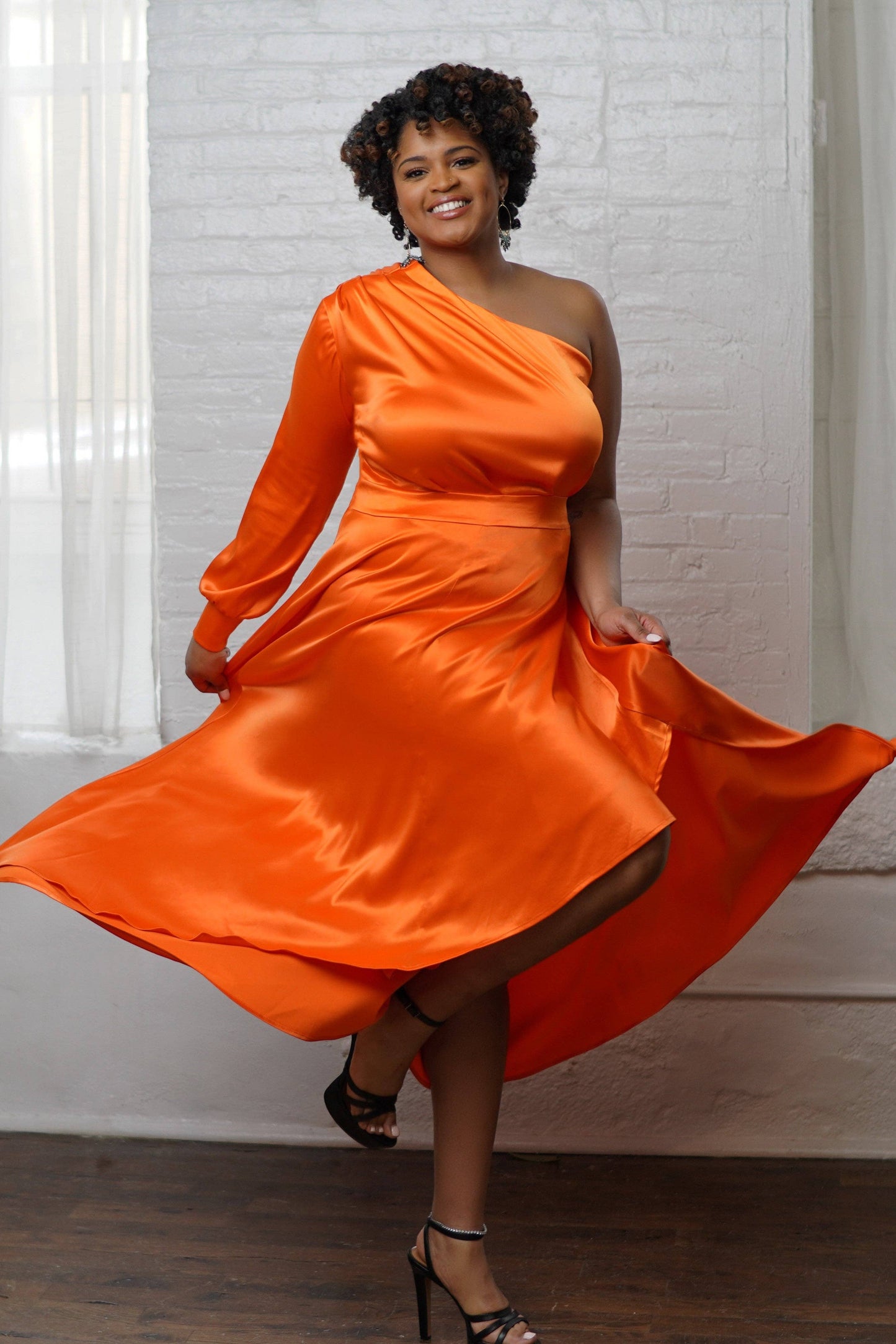 Marian Style Orange Satin One Shoulder Hi Lo Maxi