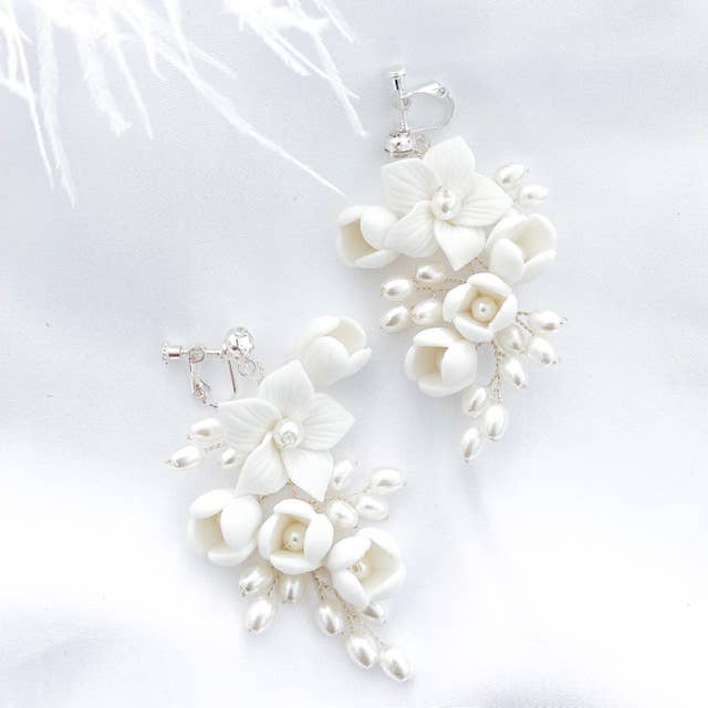 Porcelain Flower and Pearl Spray Drop Earrings