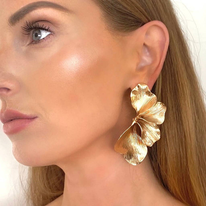 Statement Gold Iris Petal Flower Earrings - Marian Style Boutique
