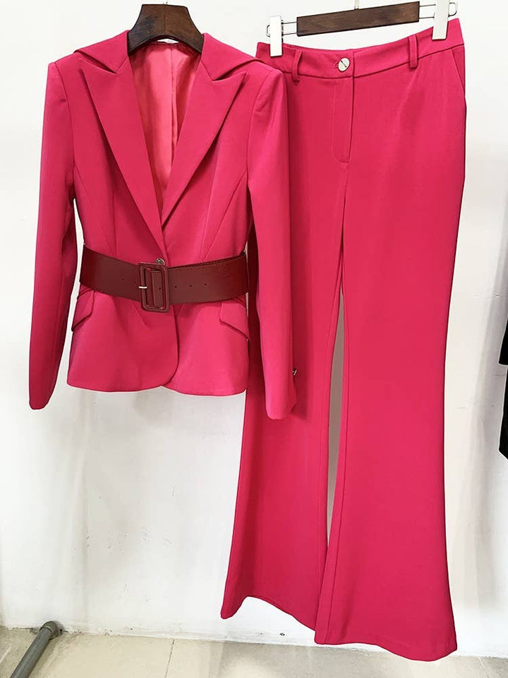 Marian Style Elegant Belted Suit & Bootcut Trousers Set - Marian Style Boutique