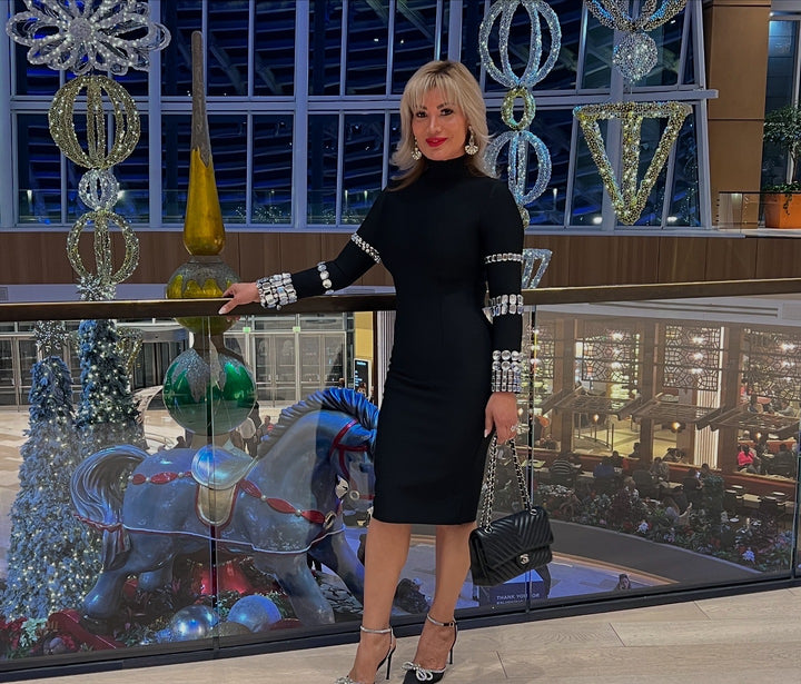 Marian Style Studded Long Sleeve High Neck Bandage Knit Dress - Marian Style Boutique