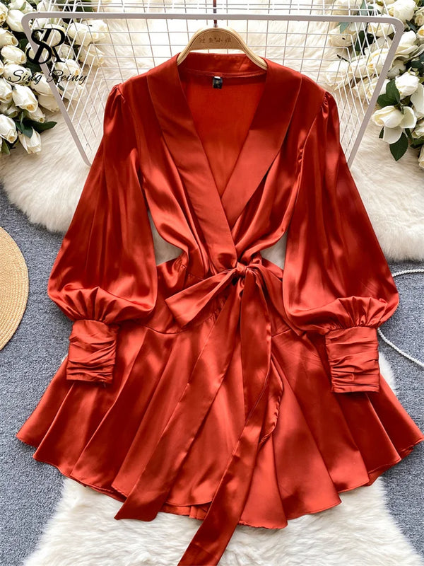 Marian Style - Satin Lace-up Solid Color Dresses for Women French Chic Pleated Dress Spring Summer