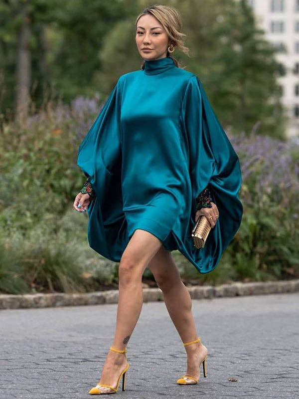 Loose Batwing Sleeve Button-Up Mini Dress for a Night Out - Marian Style Boutique