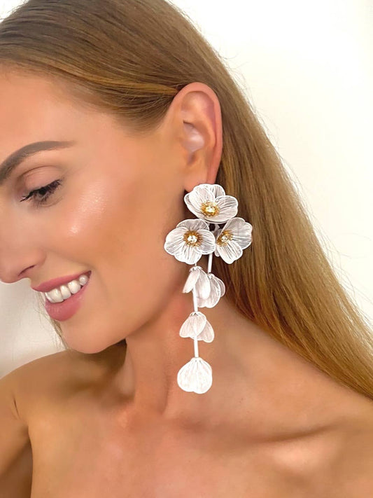 Waterfall Statement White Flower Earrings