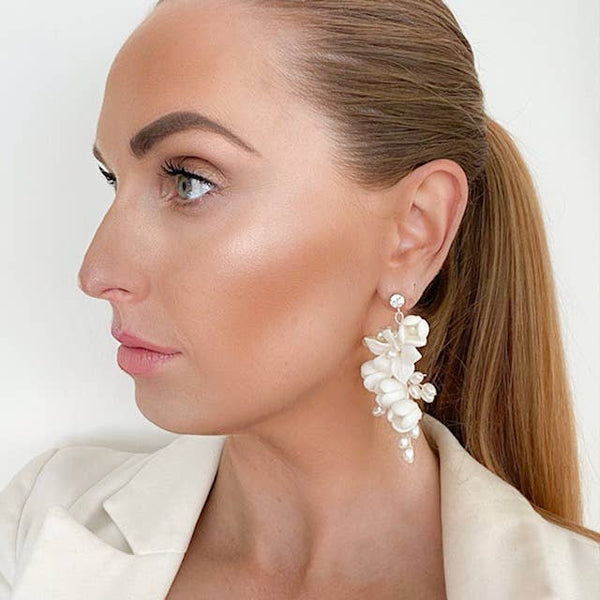 Porcelain Flower and Pearl Spray Drop Earrings - Marian Style Boutique