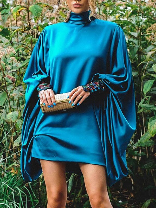 Loose Batwing Sleeve Button-Up Mini Dress for a Night Out - Marian Style Boutique