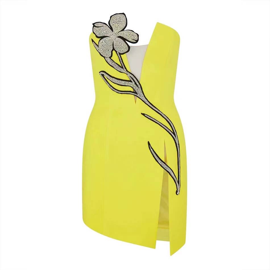 Marian Style Chic Yellow Off-Shoulder Slit Bandage Dress