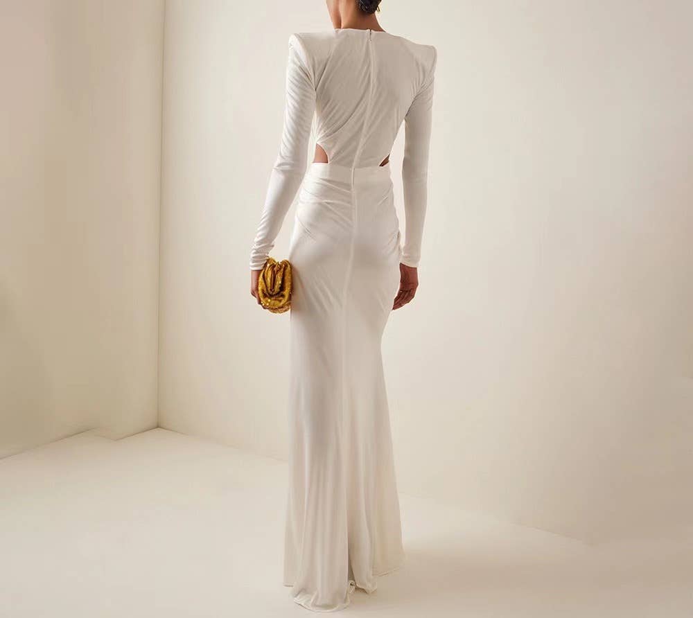 Marian Style Elegant White Maxi Dress with Metal Accents