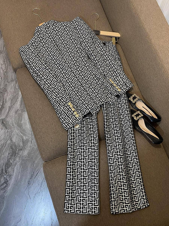 Marian Style Chic Shrug Geometric Jacquard Blazer & Pants Set - Marian Style Boutique