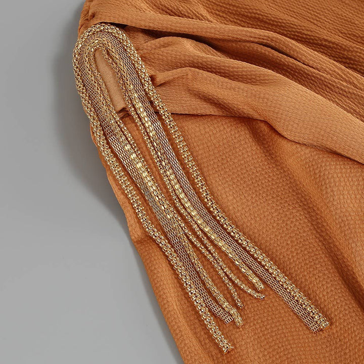Marian Style Elegant V-Shoulder Dress with Tassel & Slit Hem - Marian Style Boutique