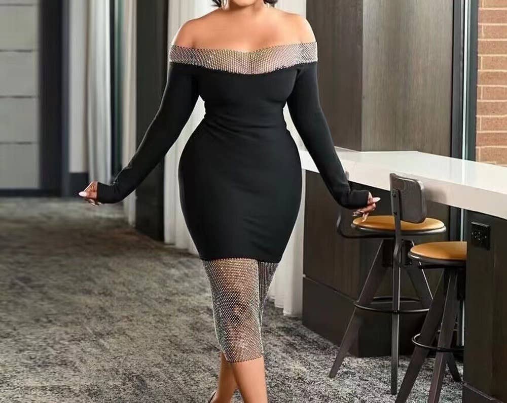 Marian Style Sexy One-Shoulder Mesh Diamond Bandage Dress