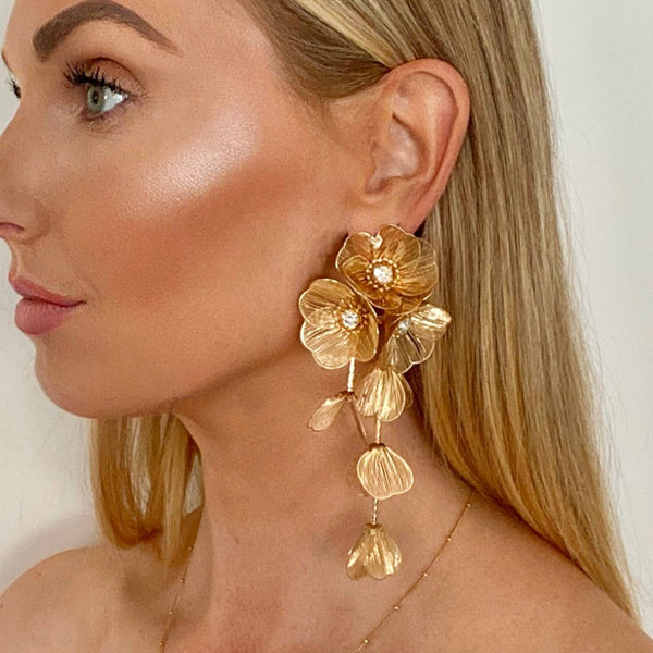 Waterfall Statement Gold Flower Drop Earrings - Marian Style Boutique