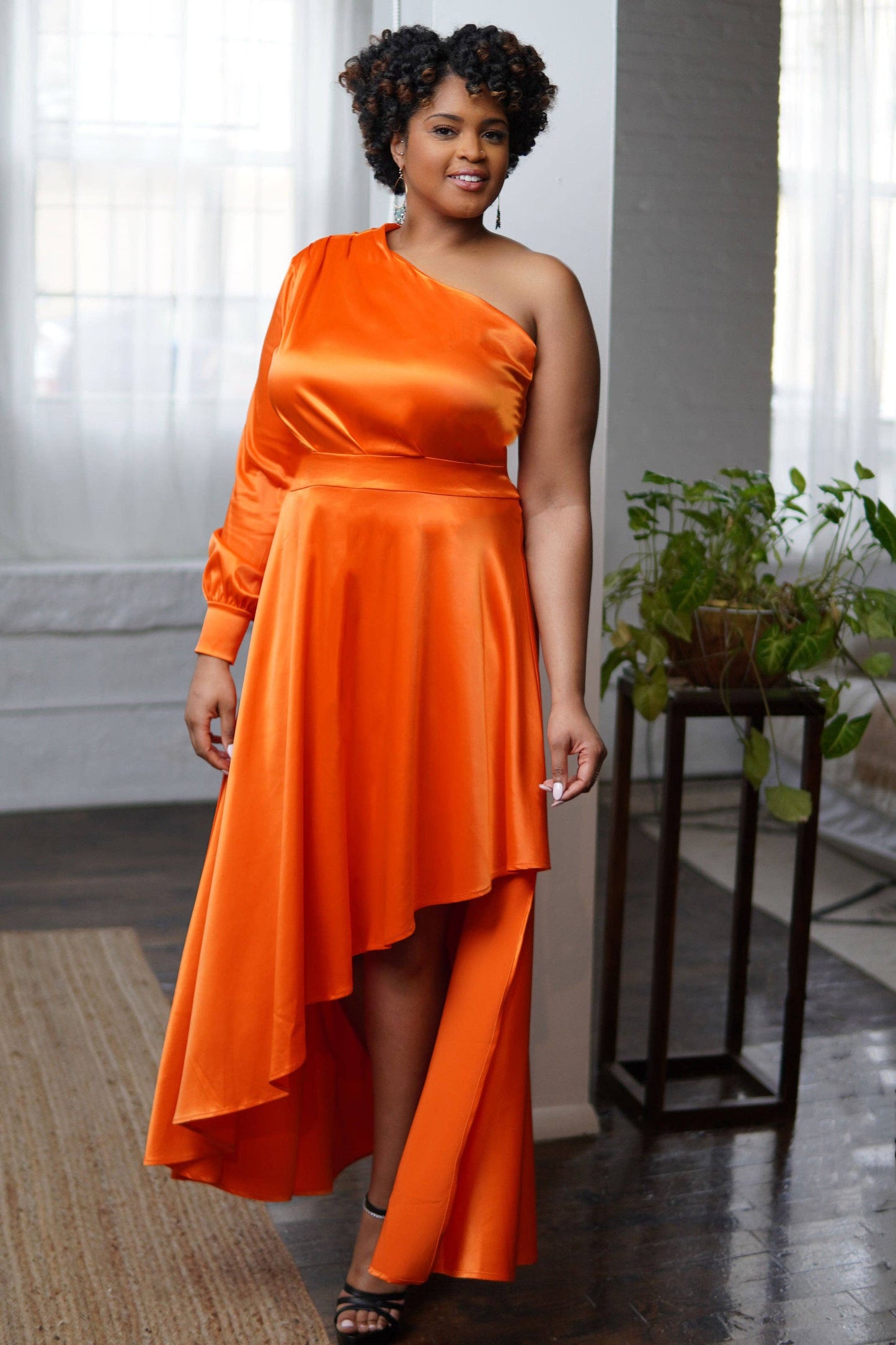 Marian Style Orange Satin One Shoulder Hi Lo Maxi