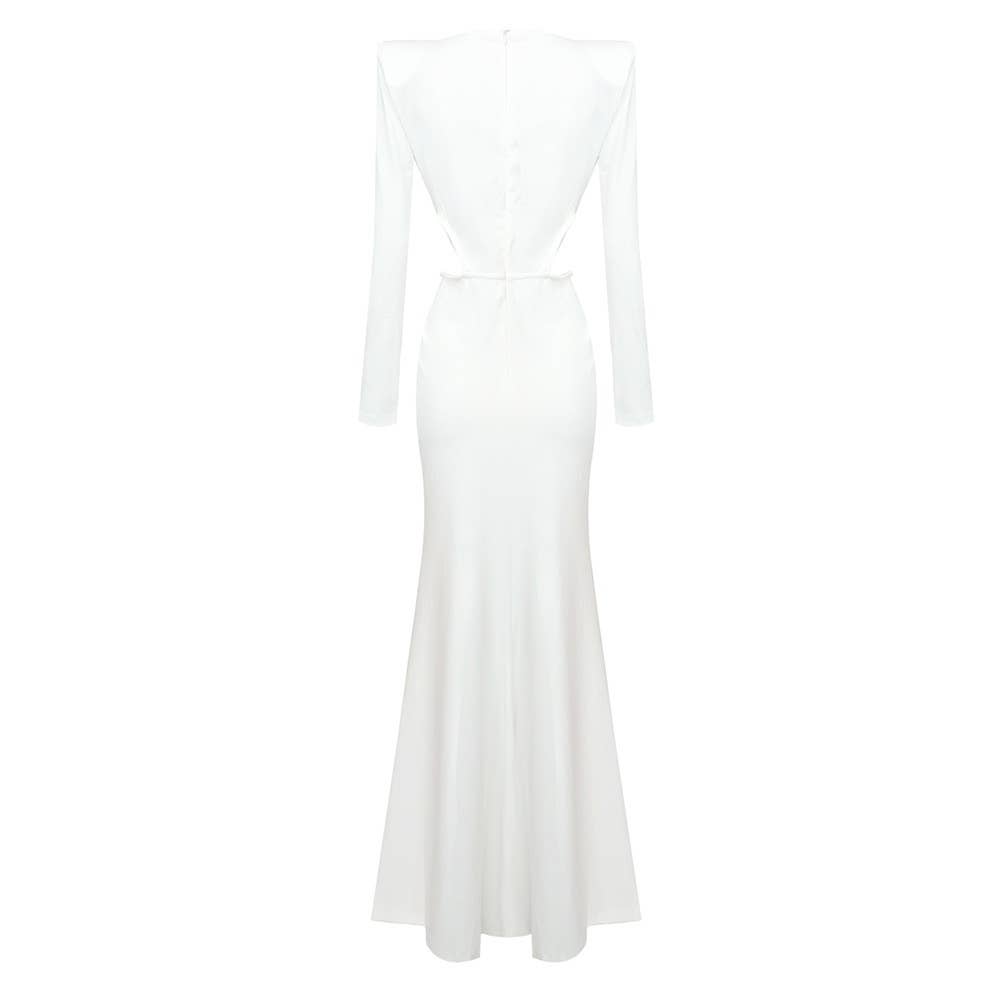 Marian Style Elegant White Maxi Dress with Metal Accents