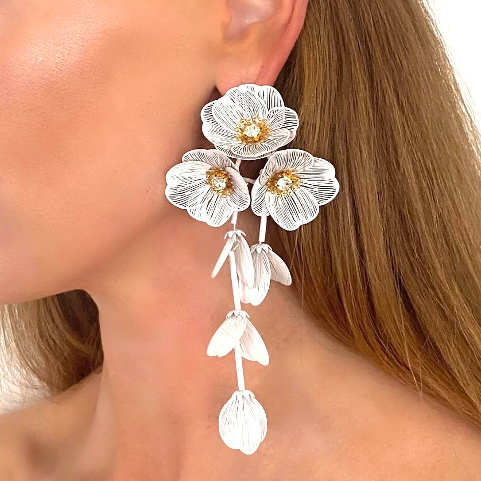 Waterfall Statement White Flower Earrings