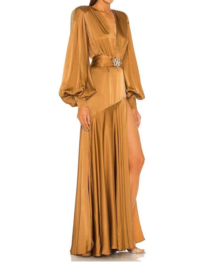 Marian Style Elegant V-Shoulder Dress with Tassel & Slit Hem - Marian Style Boutique