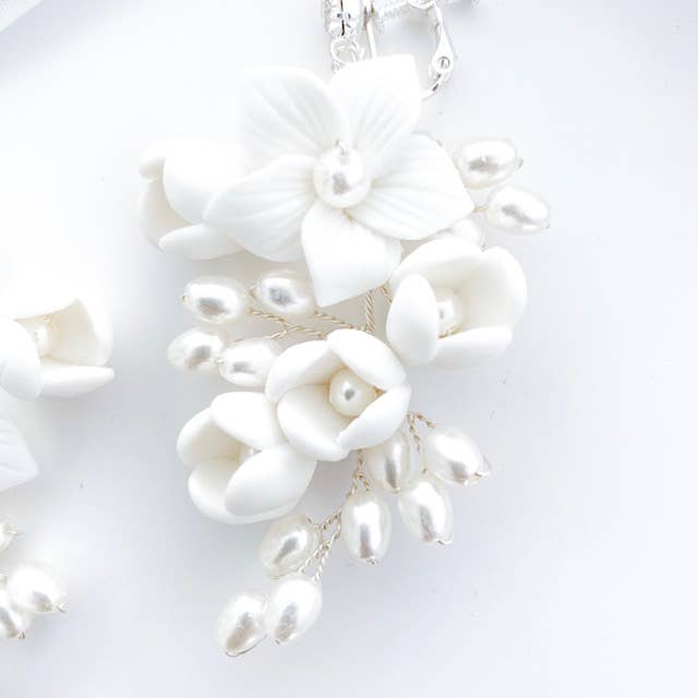 Porcelain Flower and Pearl Spray Drop Earrings