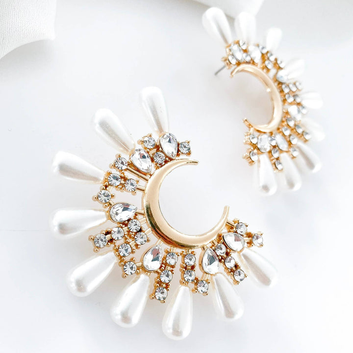 Supernova Half Moon Crystal Pearl Statement earrings - Marian Style Boutique