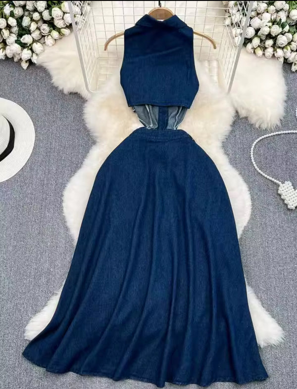 Marian Style - Denim Dress Outfits Backless Single-breasted Dress Vintage One-piece Clothing High Street Robe 2025 Summer
