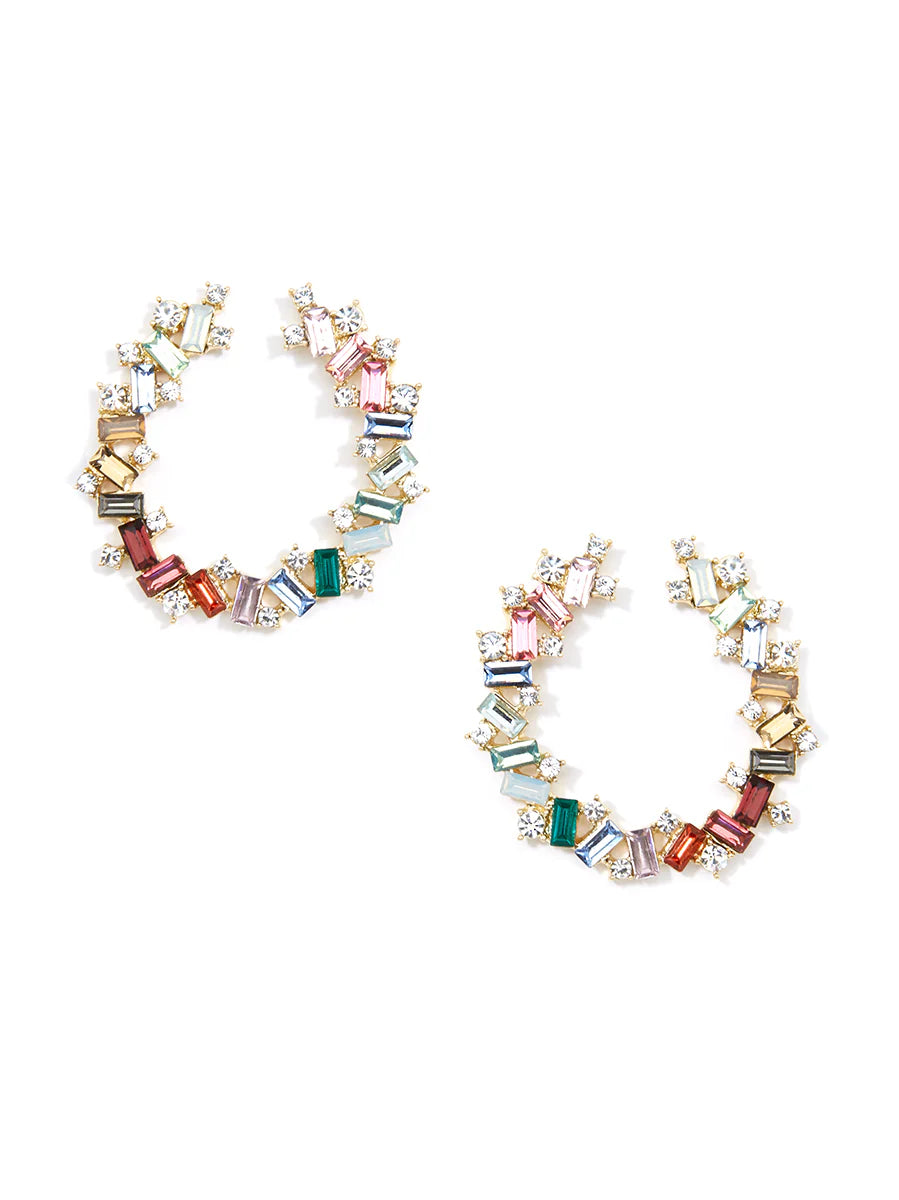 Hoop earring embellished in colorful,baguette-shaped crystals multi-colored