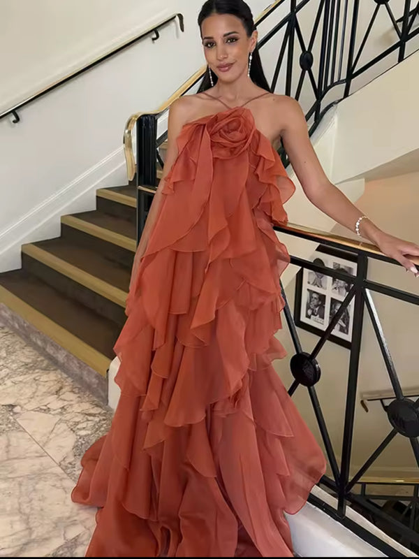 Elegant Halter Dress New Fashion Formal Spaghetti Strap Layered Ruffles Feminine Robe Ceremony Wedding Evening Party Gown