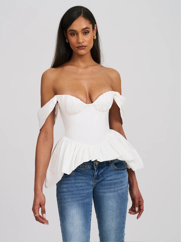 MARIAN STYLE - White Off-shoulder Bubble Hem Peplum Cotton Top