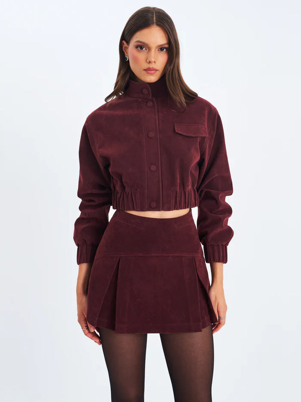 Suede Pleated A-Line Mini Skirt