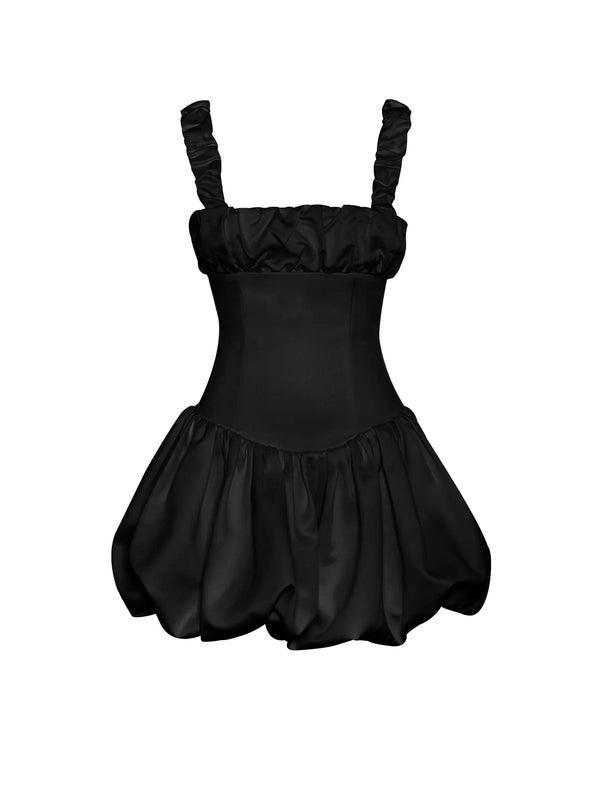 Black Satin Bubble Hem Mini Dress